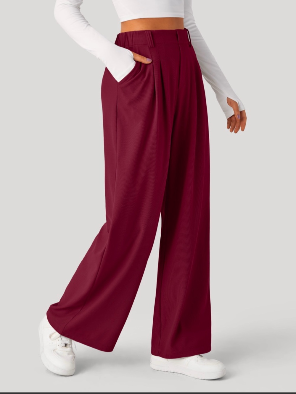 High-Waist Wide Leg Flexy Pants in Burgundy — Petite XL-2XL